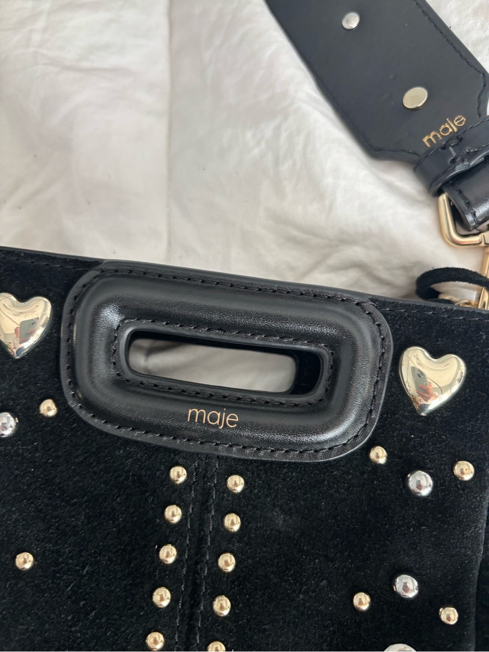 Maje Black Suede Fringe Crossbody with Gold Heart Studs - Picture 2 of 7